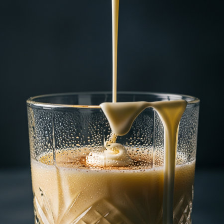 Pouring milk into a glass of coffee on a dark background.の素材