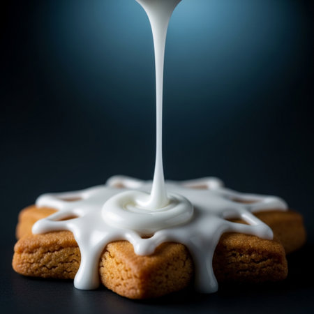 Pouring white milk over delicious cookies on black background, closeupの素材