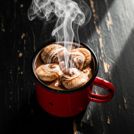 Hot chocolate with marshmallows in red cup on dark wooden backgroundの素材