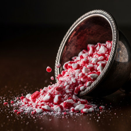 pink and white candy in a metal bowl on a dark backgroundの素材