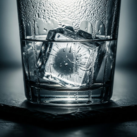 Glass of water with ice cubes on dark background. Toned.の素材