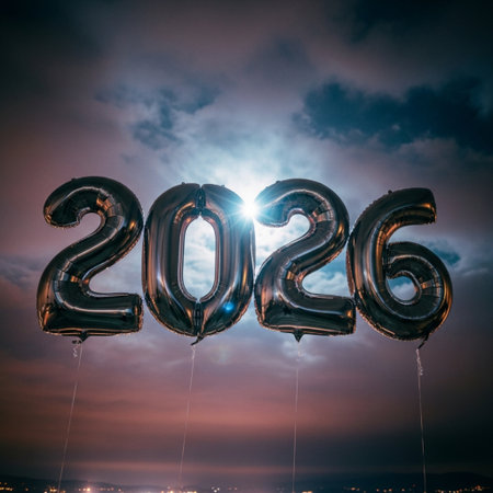 Happy New Year 2016. Gold foil balloons with the numbers 2016 on dark sky background.の素材