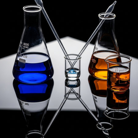 Laboratory glassware with colorful liquids on black and white background.の素材