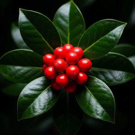Holly berries on green leaves. Natural background. Selective focus.の素材