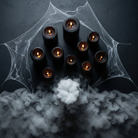 Halloween background with candles and spiders on dark background, top viewの素材