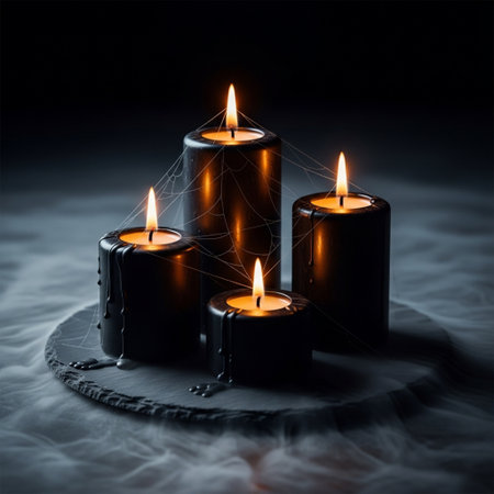Three burning candles with spider web on dark background. Halloween concept.の素材