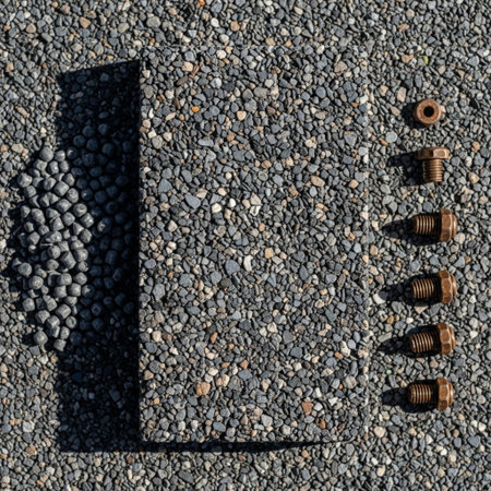 Industrial background with bolts and nuts on asphalt. Top view.の素材