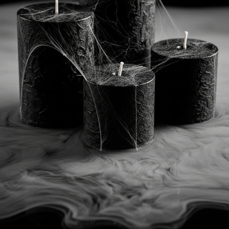 Black candles with spider web on dark water background. Halloween concept.の素材