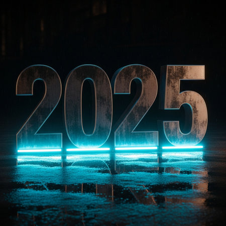 New year 2015. Glowing neon numbers on dark background. 3D renderingの素材