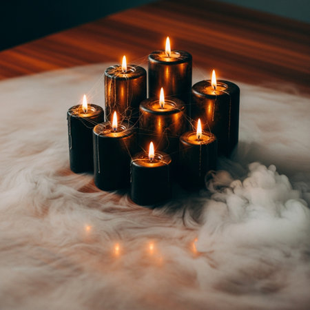 Burning candles on a background of white fur. Christmas decoration.の素材
