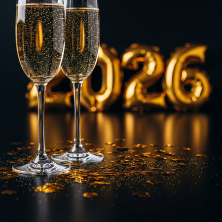 New Year's Eve celebration with champagne glasses and numbers 2016 on black backgroundの素材