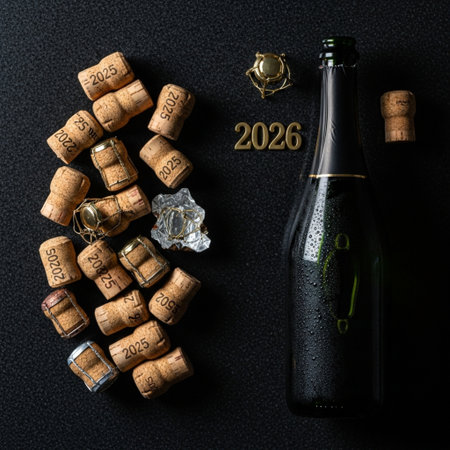 Champagne bottle and cork on the black background. Top viewの素材