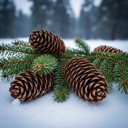 Pine cones on snow with pine tree branches in the background.の素材