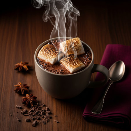 Cup of hot chocolate with marshmallow and spices on wooden tableの素材