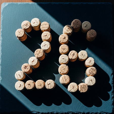 Wine corks in the form of numbers on a blue backgroundの素材