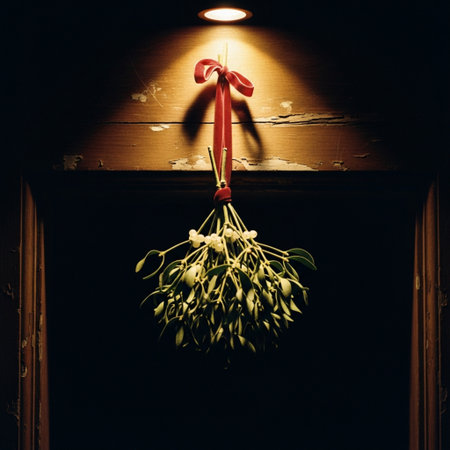 Mistletoe hanging on the door with a red light in the backgroundの素材