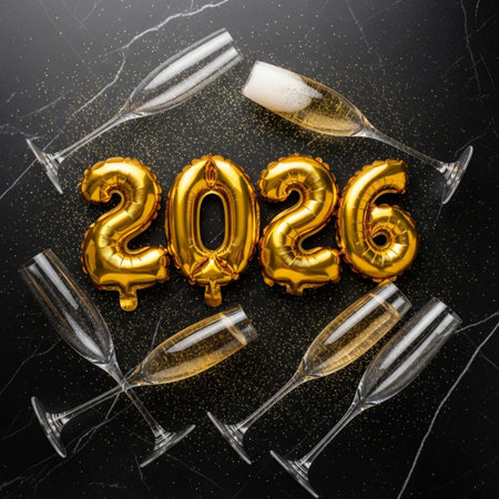 Happy New Year 2016 celebration with champagne glasses and golden numbers on black backgroundの素材