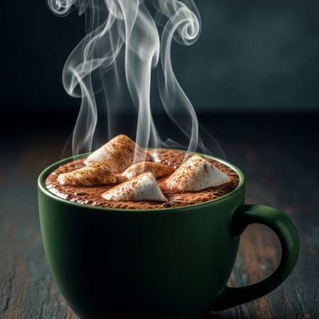 Cup of hot chocolate with marshmallows on dark wooden backgroundの素材