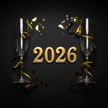 Happy New Year and Merry Christmas greeting card with champagne glasses, confetti and numbers 2020 on black backgroundの素材