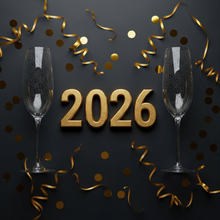 Happy New Year 2016 lettering with champagne glasses and confetti on black backgroundの素材