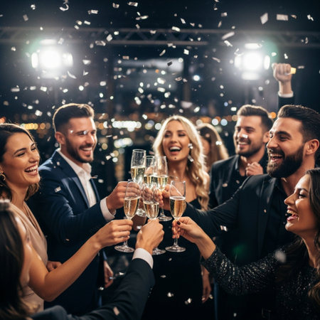Group of happy young people toasting with champagne glasses while celebrating New Year at night clubの素材