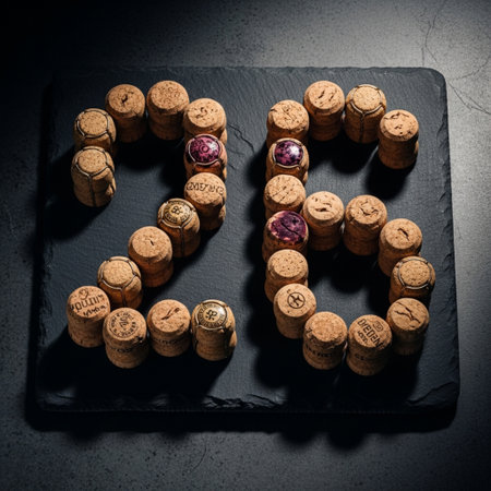 Wine corks on a black background. Top view. Toned.の素材