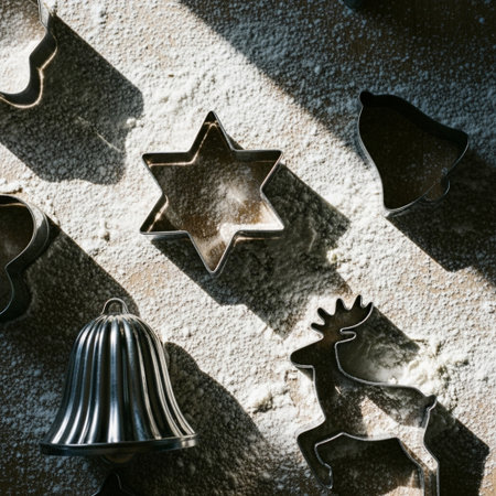 Baking christmas cookies in the shape of a star and a bellの素材