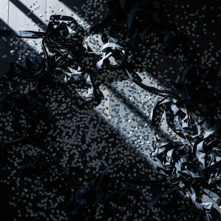 crumpled fabric on a wooden floor, black and white photoの素材