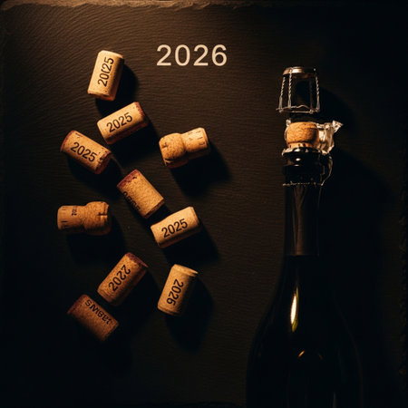 Bottle of champagne with corks on a black background. Toned.の素材