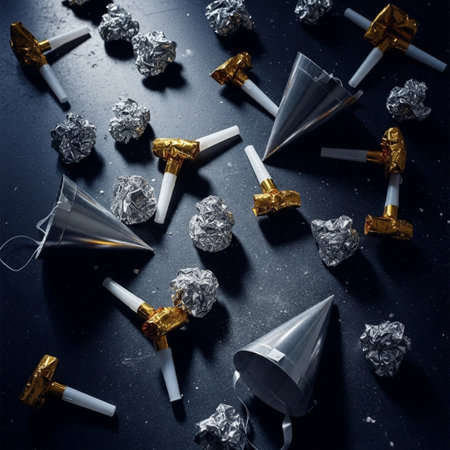 Party poppers and confetti on a dark background. Toned.の素材