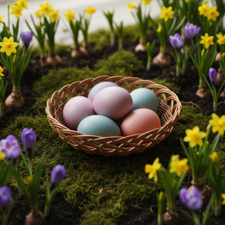 Easter eggs in a basket on green moss with daffodilsの素材