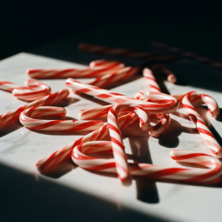 Christmas candy canes on a white cutting board. Dark background.の素材