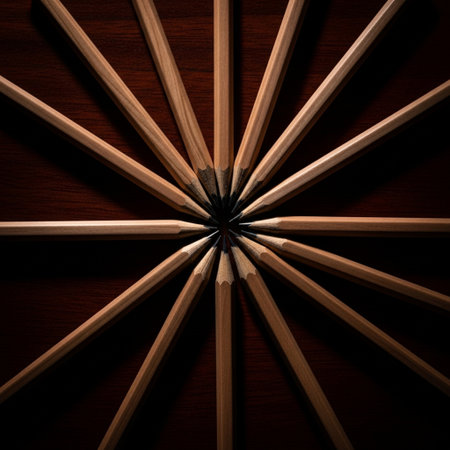 Wooden pencils on a wooden background. Selective focus. Toned.の素材