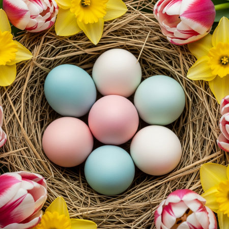 Colorful easter eggs in nest with tulips and daffodilsの素材