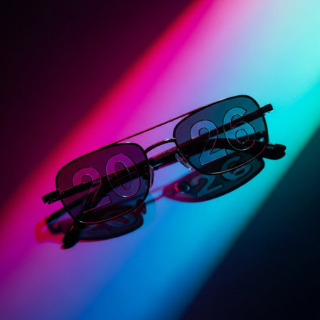 Glasses with black frames on a multicolored background with reflectionの素材