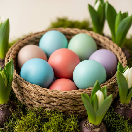 Colorful easter eggs in basket and tulips on moss backgroundの素材