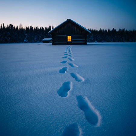 Wooden house with footprints in the snow at sunset. Winter landscape.の素材