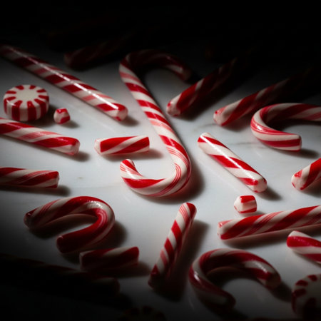 Candy canes on a white background. Selective focus. Toned.の素材