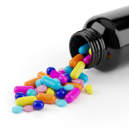 Colorful pills spilling out of black bottle isolated on white background.の素材