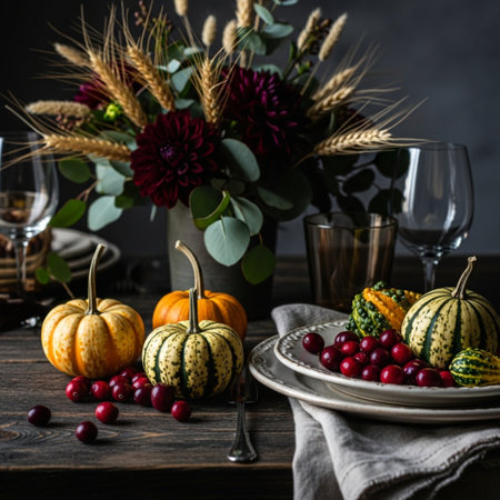 Autumn table setting with pumpkins, cranberries and flowers.の素材