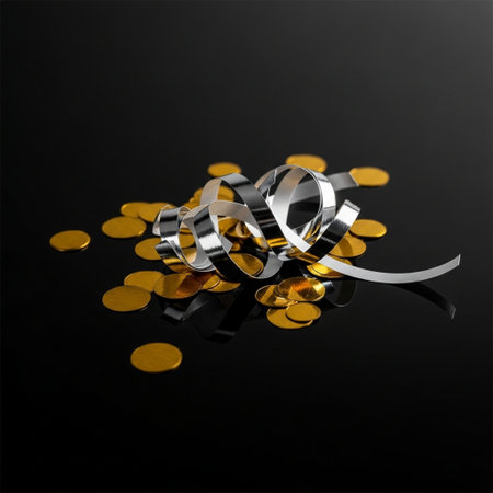 Shiny silver ribbon and gold coins on black background. 3d illustrationの素材