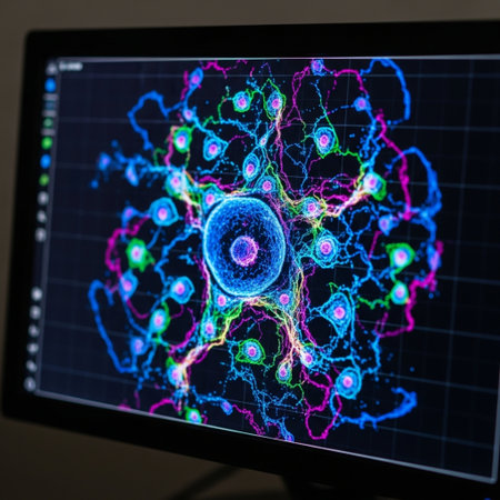 Neuron cell and neurons activity on computer monitor. 3D renderingの素材