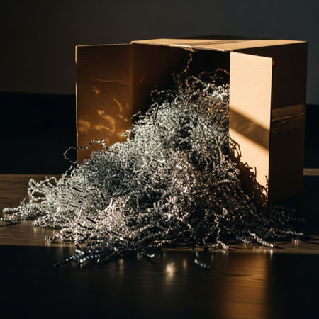 Christmas or New Year gift box with silver and gold tinsel.の素材