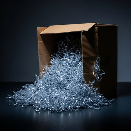 Cardboard box with shavings on a dark background. Shavings on a dark background.の素材