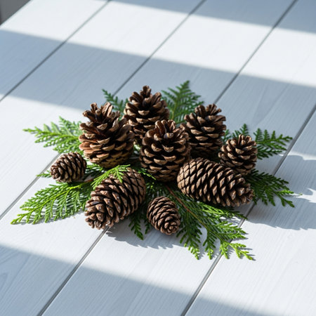 Pine cones on a white wooden table. Christmas or New Year decoration.の素材
