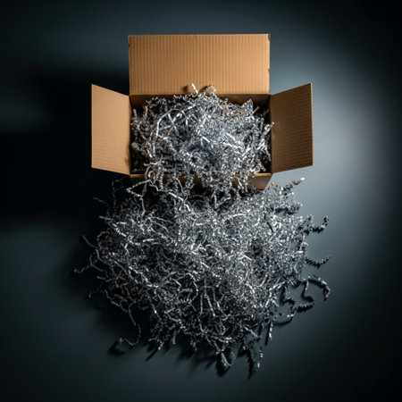 Cardboard box with shredded tinsel on dark background. 3d illustrationの素材
