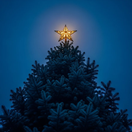 Christmas tree with star on the blue sky background. Christmas and New Year concept.の素材