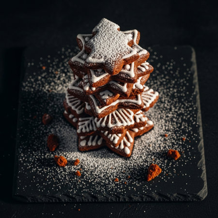 Gingerbread Christmas tree on a black background. Copy space.の素材