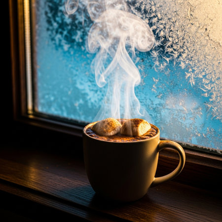 Cup of hot cocoa with marshmallows on the windowsillの素材