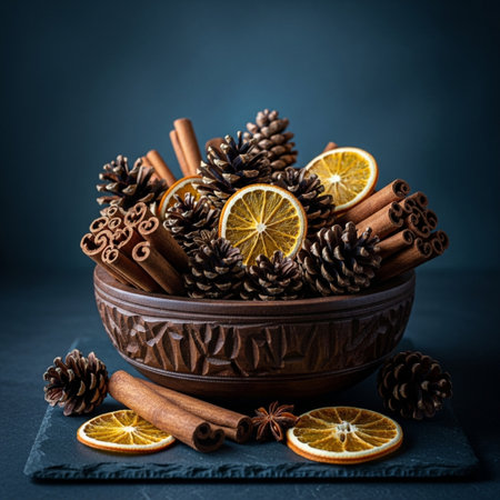 Cinnamon sticks and dried orange slices in a bowl on a dark backgroundの素材